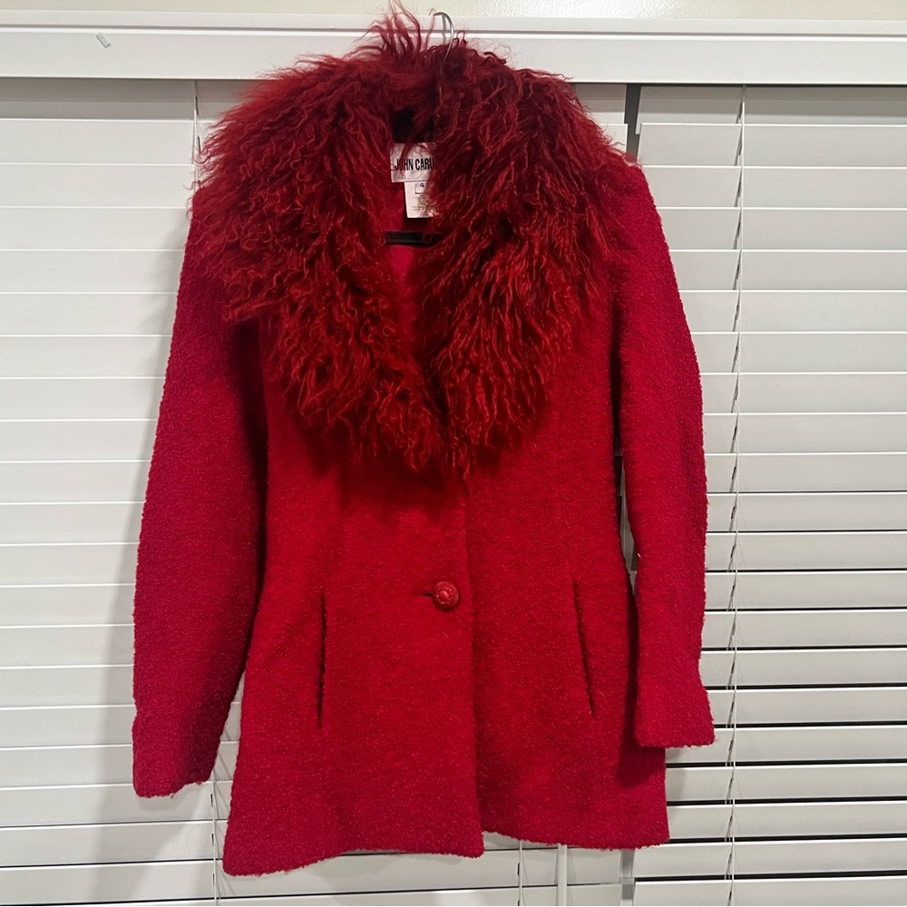 Vintage John Caruana Women's Red Mongolian Lamb Fur Trim Wool Winter Coat Size 4